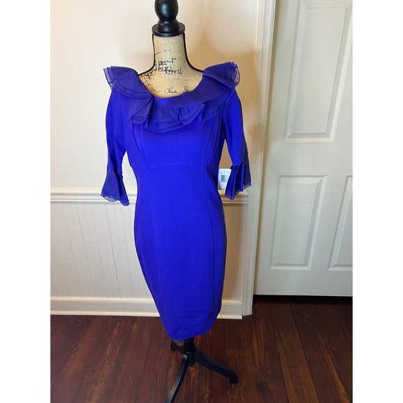 NUE‎ by Shani Stunning Royal Blue Ruffle Neck 3/4 Sleeve Sheath Dress - Picture 4 of 6